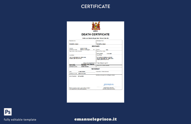 certificato di morte delle Hawaii in stile verificato modello Word e PDF